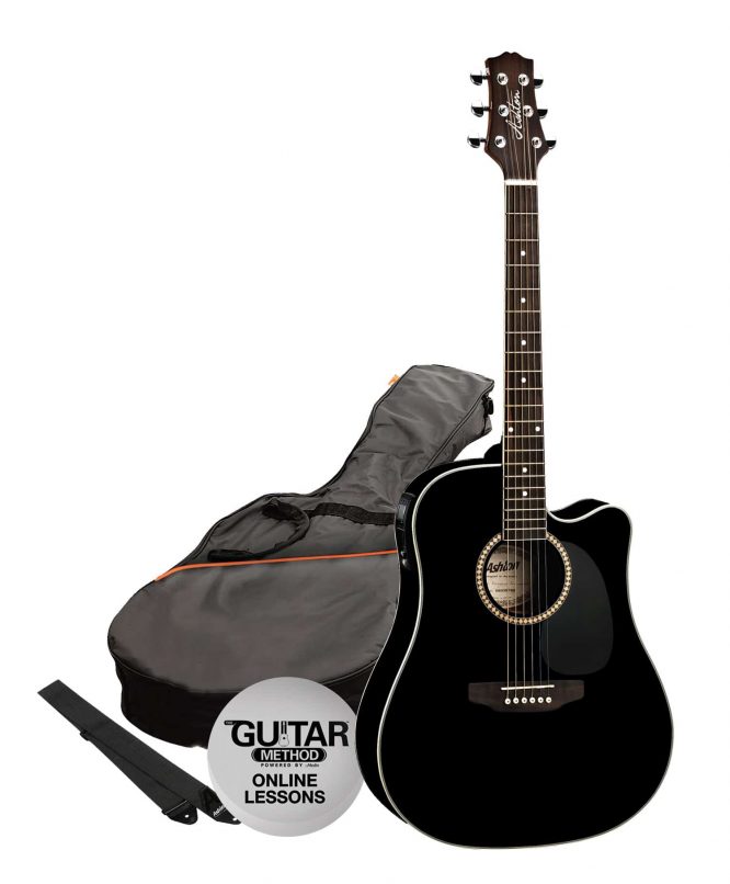 Pack Guitarra Electroacústica Dreadnought Negra Ashton SPD25CEQBK