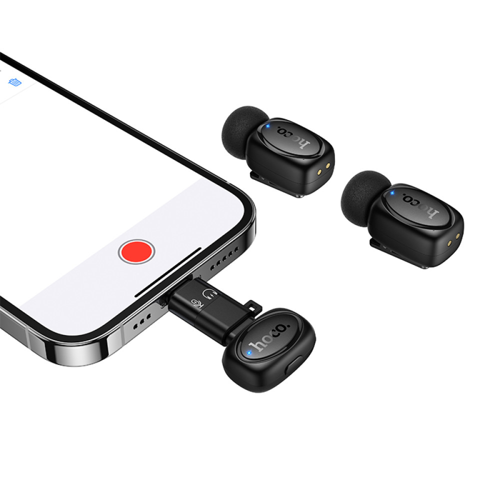 Micrófono Lavalier Hoco L19 inalámbrico con DSP, USB-C/Lightning y estuche de carga - Imagen 4