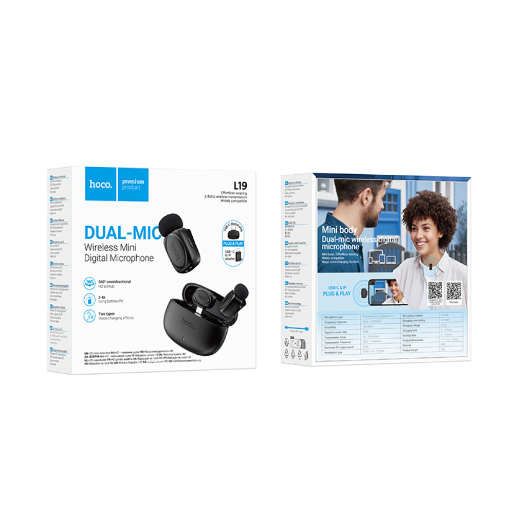 Micrófono Lavalier Hoco L19 inalámbrico con DSP, USB-C/Lightning y estuche de carga - Imagen 9