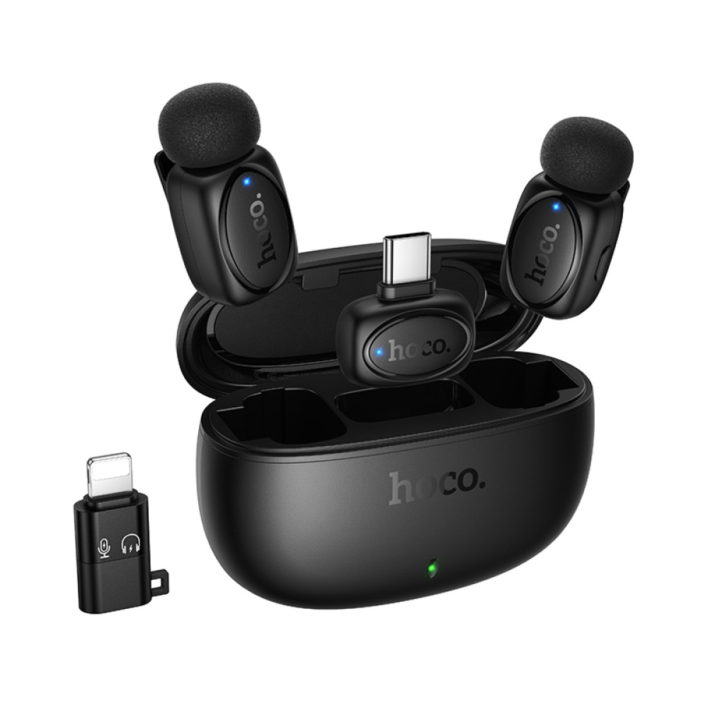 Micrófono Lavalier Hoco L19 inalámbrico con DSP, USB-C/Lightning y estuche de carga