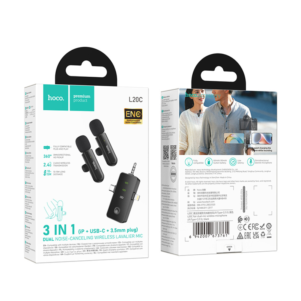 Micrófono Lavalier dual Hoco L20C inalámbrico con DSP y USB-C/Lightning/Jack 3,5 - Imagen 9