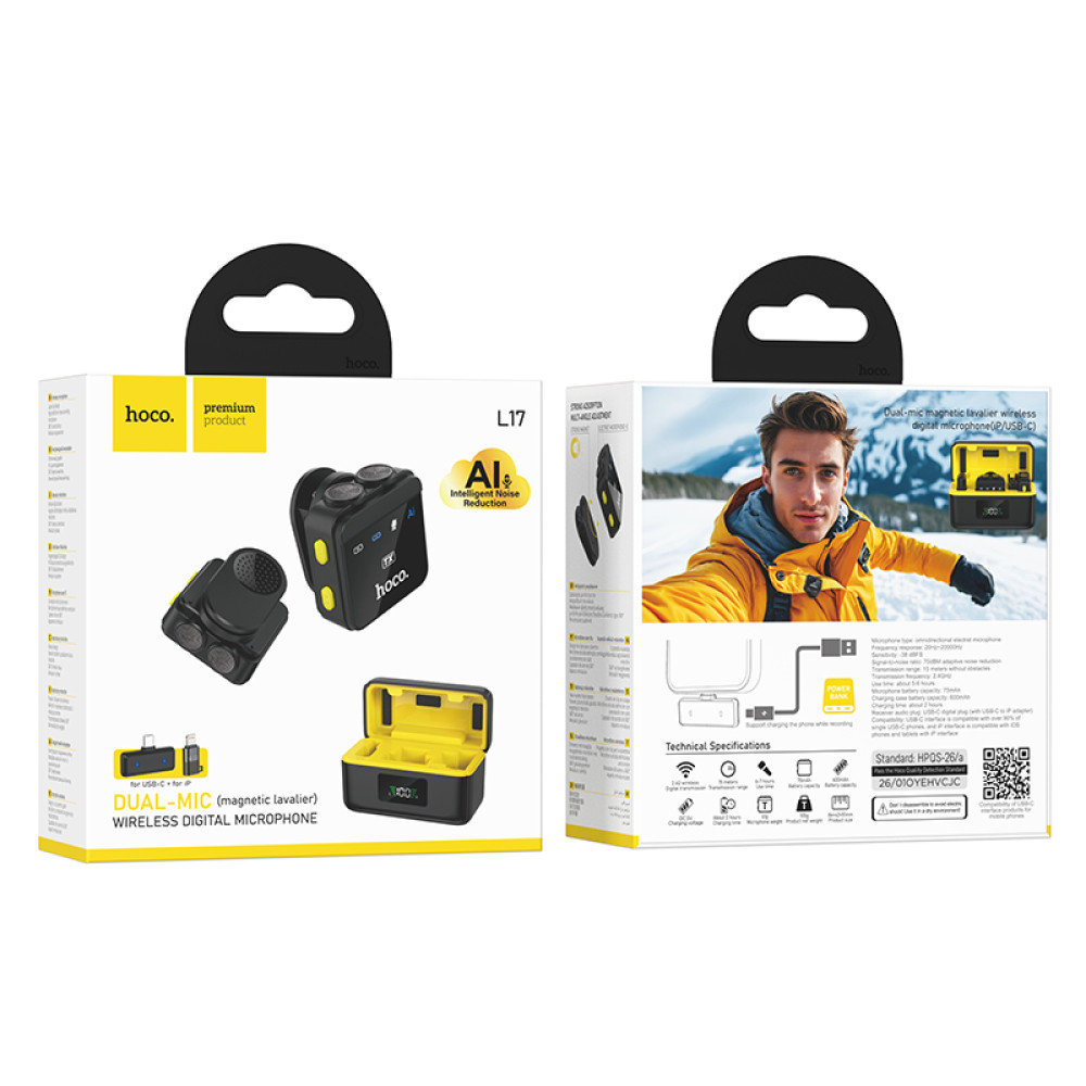 Micrófono Lavalier dual Hoco L17 inalámbrico magnético con ENC y USB-C/Lightning y estuche de 600mAh - Imagen 10