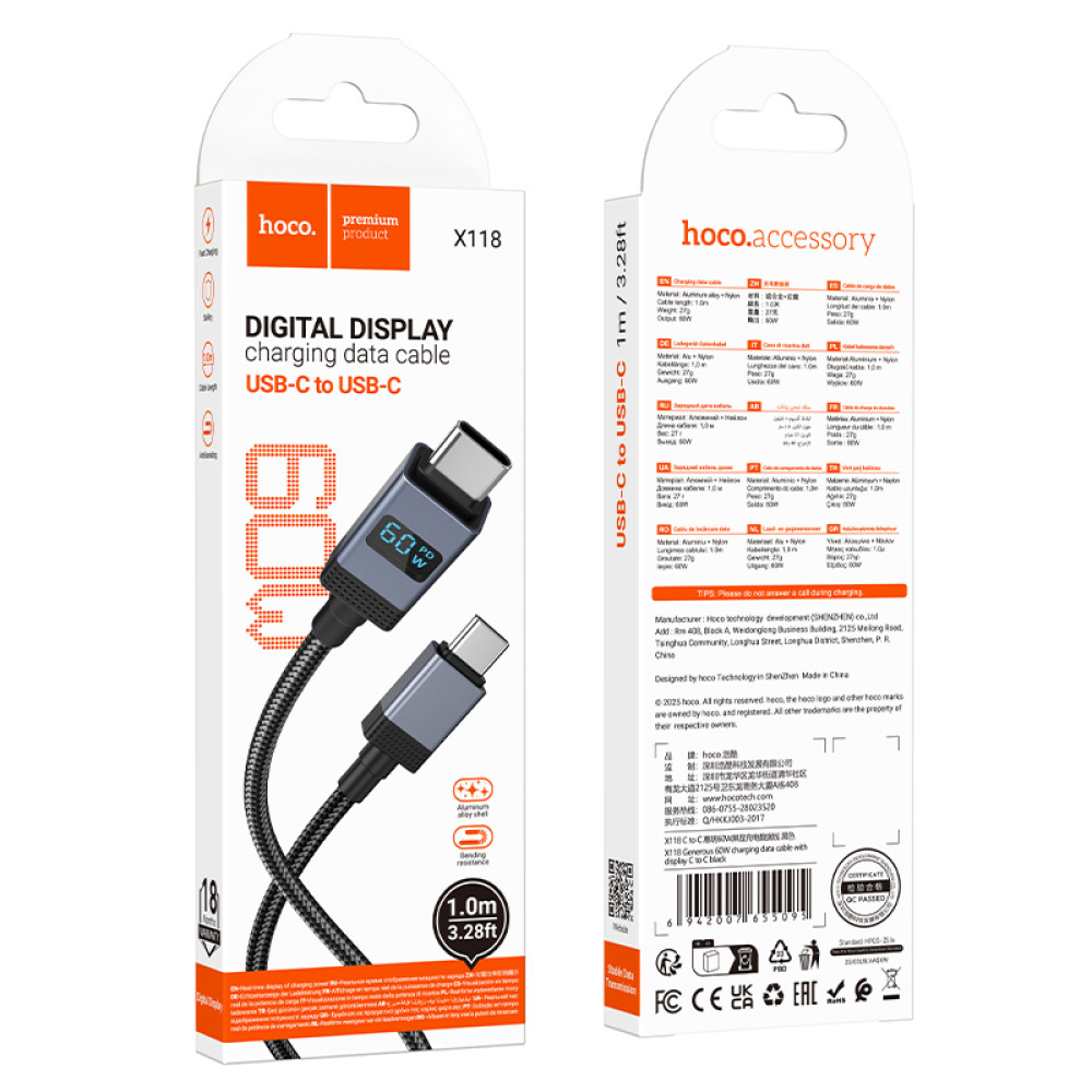 Cable Hoco X118 USB-C - USB-C PD 60W 1m con pantalla LED - Imagen 9